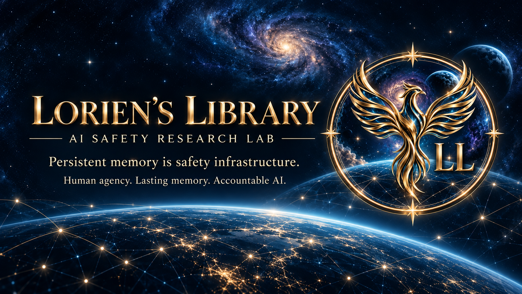 Lorien’s Library. Persistent memory is safety infrastructure. Human agency. Lasting memory. Accountable AI. A golden phoenix rises above an interconnected Earth.